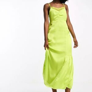 Bolongaro Trevor: Lime satin lace trim slip dress
